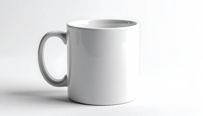 Fototapeta premium A plain white ceramic mug with a handle, isolated on a bright white background