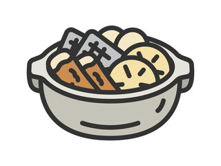 土鍋に入った、おでんのアイコン（線画カラー）のイラスト