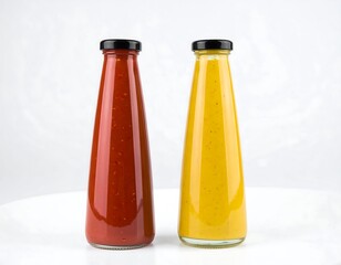 Two bottles of sauce on a white surface