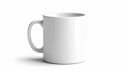 Plain white ceramic mug with handle casting a shadow on a white background