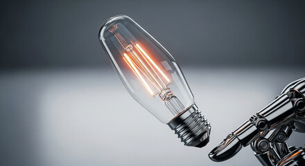 Robotic hand carefully holding an illuminated incandescent light bulb representing innovation and technology
