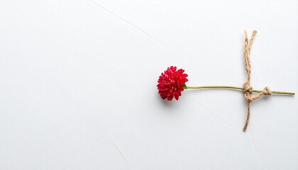 Crimson flower tied with twine on a textured white surface, centered composition