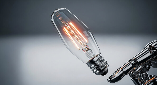 Robotic hand carefully holding an illuminated incandescent light bulb representing innovation and technology