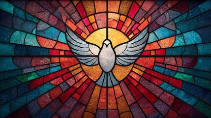 Vibrant stained glass window depicting a white dove ascending with radiant light