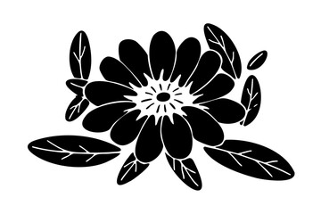 Black and white flower with green leaves. The flower is the main focus of the image. The leaves are scattered around the flower, giving it a natural and organic feel