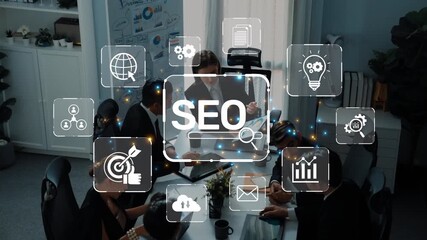 A business team actively discussing strategies for SEO growth and analytics in a modern office, complemented by a digital interface showcasing various concepts. Raster - Powered by Adobe