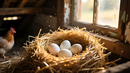 Farm Fresh Eggs in a Rustic Straw Nest Inside a Sunlit Coop