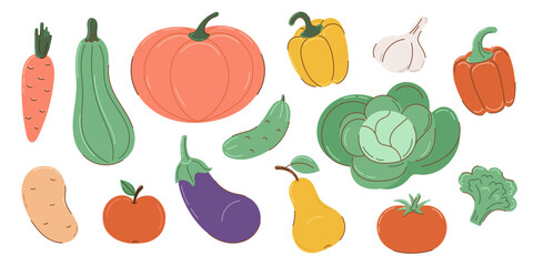 Set of autumn vegetables in flat style with partial outline. Autumn and harvest concept. Vector illustration.