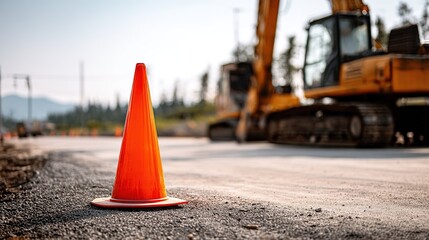 Bright orange traffic cone in  foreground on  gravel surface with construction equipment and trees in  blurred background