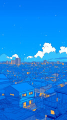 Naklejka premium ネオンサインが灯るレトロな夜景と星空｜1980年代アニメ調のポップで幻想的な都市イラスト素材｜雲が漂う夢幻的な空