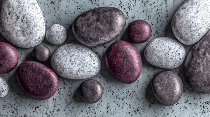 Fototapeta premium Collection of smooth stones in various colors arranged on a light surface