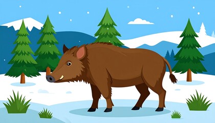 An illustrated depiction of a wild boar, colored brown, amidst a snowy landscape with fir trees and snow-capped mountains