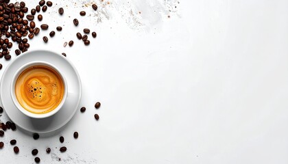 A cup of fresh coffee, beans, and a white surface. Overhead shot