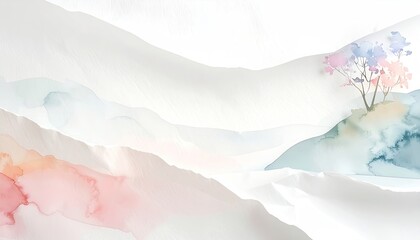 Abstract watercolor landscape of mountains, a tree with colorful foliage