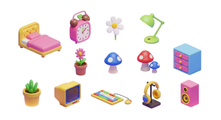 Assortment of Cozy Home and Decorative Objects Icons alarm clock isolated on a transparent background