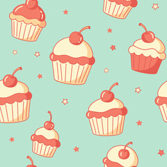Seamless Pattern of Cute Kawaii Cupcakes with Cherries and Stars
