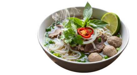 Bowl of pho isolated on transparent background is displayed in studio shot