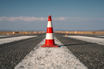A red  white traffic cone sits on an asphalt runway with white lines and distance lights under a clear sky