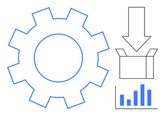 Gear indicating process, downward arrow showing progression, box symbolizing storage, and bar chart for data. Ideal for technology, automation, logistics, productivity, business strategy workflow