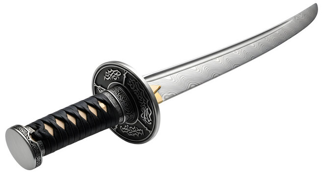 Japanese tanto knife with ornate detailing isolated on transparent background