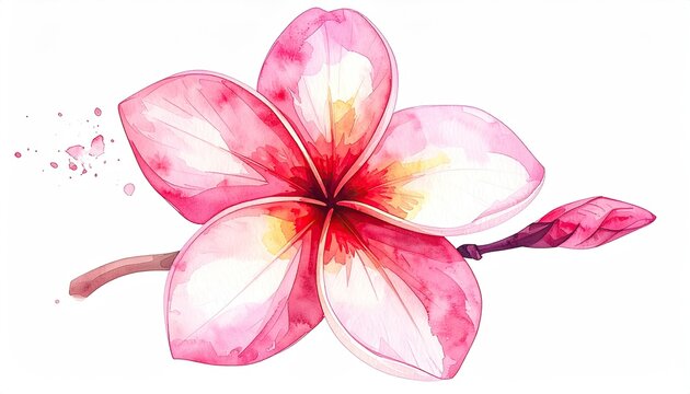 Watercolor illustration of a pink and white flower, bud, on a branch