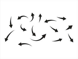 This image displays a collection of black arrows on a white background. The arrows vary in size, direction, and curvature, with some pointing straight, while others curve upwards, downwards, 