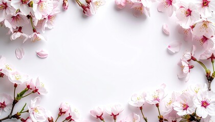 Delicate pink blossoms frame a white background, with scattered petals