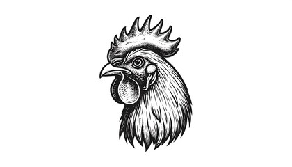 An illustrated grayscale portrait of a rooster's head, facing left, showcasing detailed shading and sharp lines