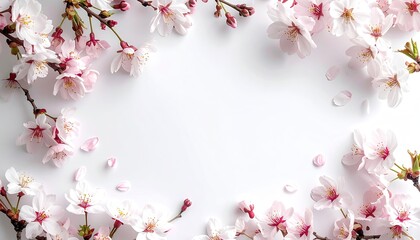 Branches with delicate pink and white blossoms frame a white background