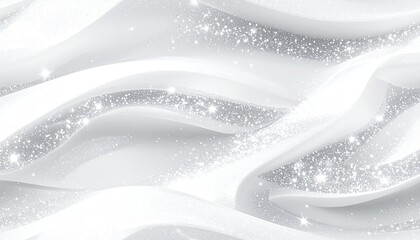 Abstract white, flowing, ribbon-like shapes with scattered silver sparkles