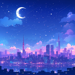 80sアニメ風レトロポップイラスト｜ネオンに照らされる夜の街と星空、流れる雲が描く幻想的な2Dアート背景素材