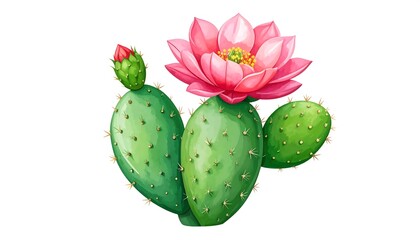 An illustrated green prickly pear cactus with a vibrant pink flower in full bloom and a closed bud