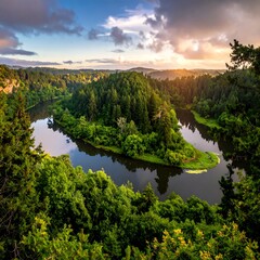 Serene river bend at sunset