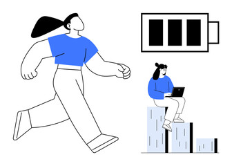 Woman running energetically, second woman working on a laptop sitting on a chart, full charging battery. Ideal for productivity, progress, energy, growth, career, empowerment simple flat metaphor