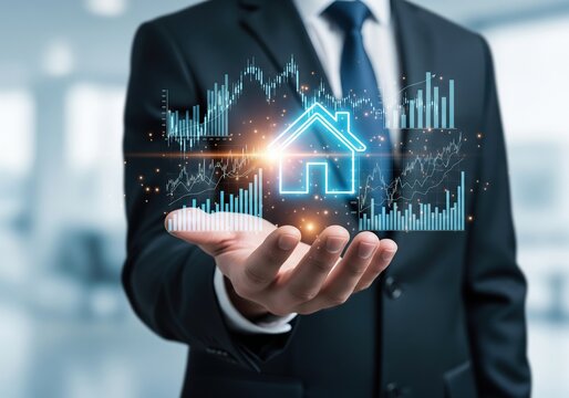 Businessman holding holographic house with financial graphs symbolizing real estate investment