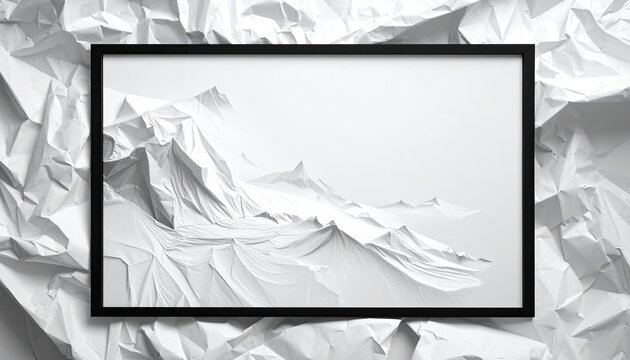 Abstract artwork inside a black frame, nestled upon a crumpled white paper backdrop