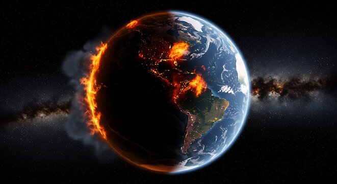 Global warming concept earths half burning with flames and dark smoke - Powered by Adobe