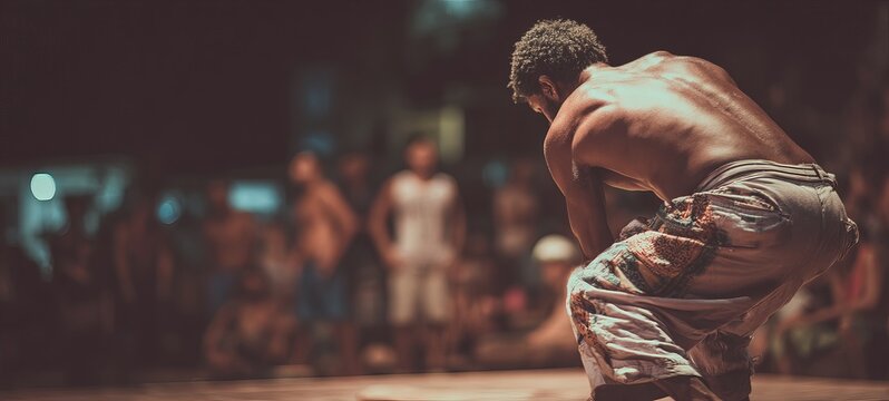 A man performs a dance in a dimly lit outdoor setting.  Many onlookers are blurred in the background