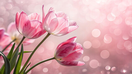 Obraz premium Pink and white striped tulips cluster together on green stems against soft pink bokeh, creating delicate spring floral arrangement with natural beauty