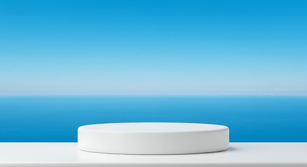 White podium display on a bright blue gradient background for product presentation