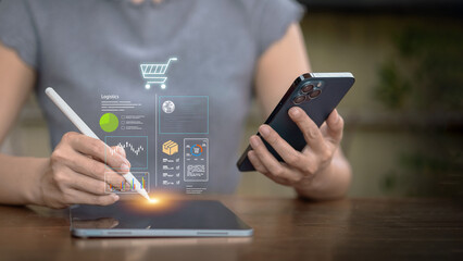 Omnichannel E-commerce Logistics Dashboard on Tablet with Stylus and Smartphone
