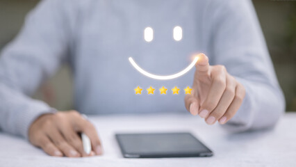 Five Star Customer Satisfaction Rating with Smiley Face, Finger Touch UX