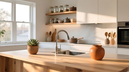 Modern Kitchen Interior with Sunlit Wooden Island, White Cabinets, and Decor