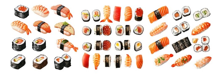 Set of Sushi Isolated on Transparent Background. PNG.