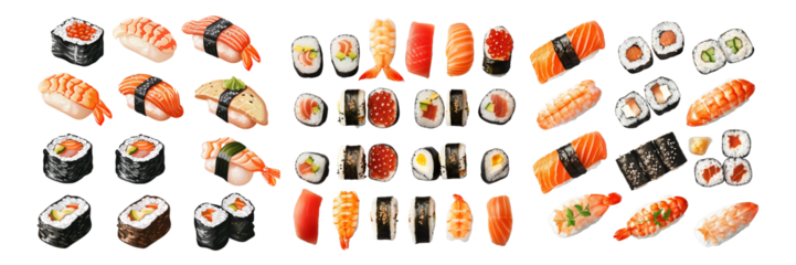 Set of Sushi Isolated on Transparent Background. PNG.
