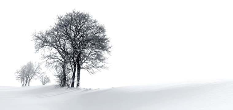 Snowy winter landscape with frosty trees, isolated on transparent cutout background