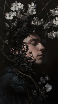 An image of a woman with flowers in her hair