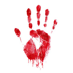 Red bloody handprint, isolated on transparent cutout background