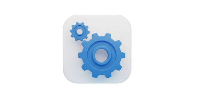 Blue Gears Icon on White Square with Rounded Corners cogwheel mechanism isolated on a transparent background