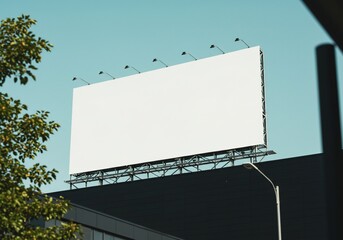 Expansive Blank Billboard Mockup on a Dark Rooftop, Framed by Greenery Under a Clear Teal Sky.